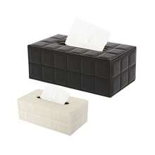 Large Size Black Plaid Rectangular PU Leather Tissue Box - Black - View 4