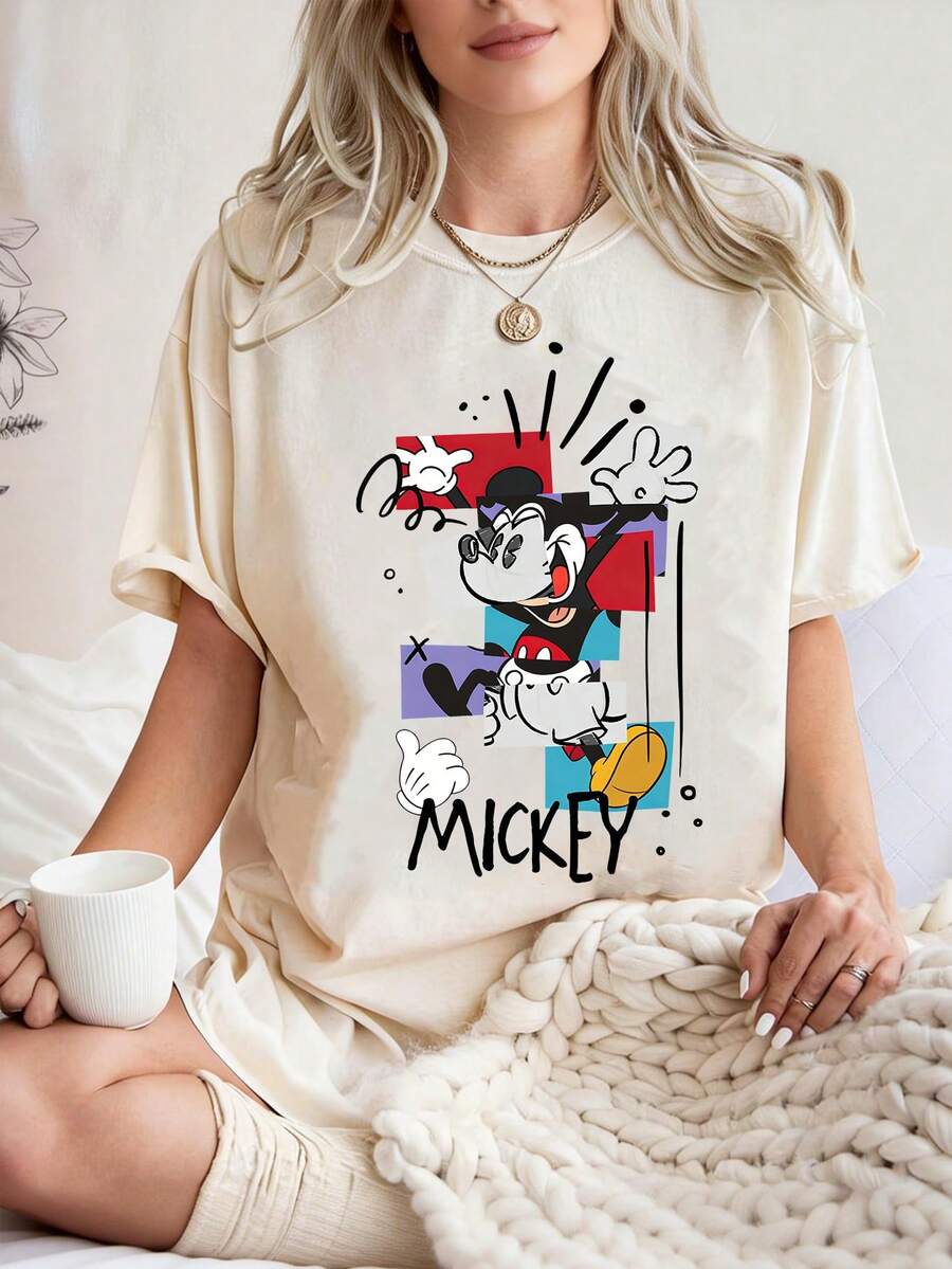 Disney UNIHLO  Mickey  Print  Summer Casual Versatile Pure Cotton T-Shirt Suitable For Any Place - 白色 - 查看 1
