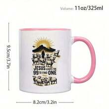 1pc 11oz Ceramic Coffee Mug, Religious Shepherd Illustration With Text "Jesus Left The 99 To Find The 1", Microwave , Grade 3A Ceramic, Daily Use, Gift For Friends, Thanksgiving, Family - Pink - View 1