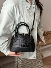 Fashionable Solid Color Embossed Handbag - Black - View 2