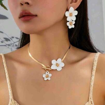 Nuevo conjunto de joyas de moda europea y americana de gran , incluye pendientes florales de doble capa coloridos, collar, anillo, pulsera, conjunto de joyas minimalista y dulce para mujeres