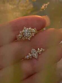 2pcs Luxury Oval Full Zirconia Elegant Party Wedding Vacation Bridal Adjustable Copper Ring Set For Women - Yellow Gold - View 5