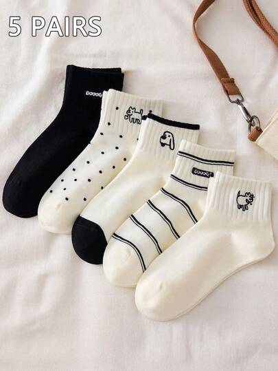 5 Pairs Women Cute Breathable Dog Pattern Invisible Ankle Socks & Mid-Calf Socks, Comfortable Soft, Moisture-Wicking, Suitable For All Seasons
