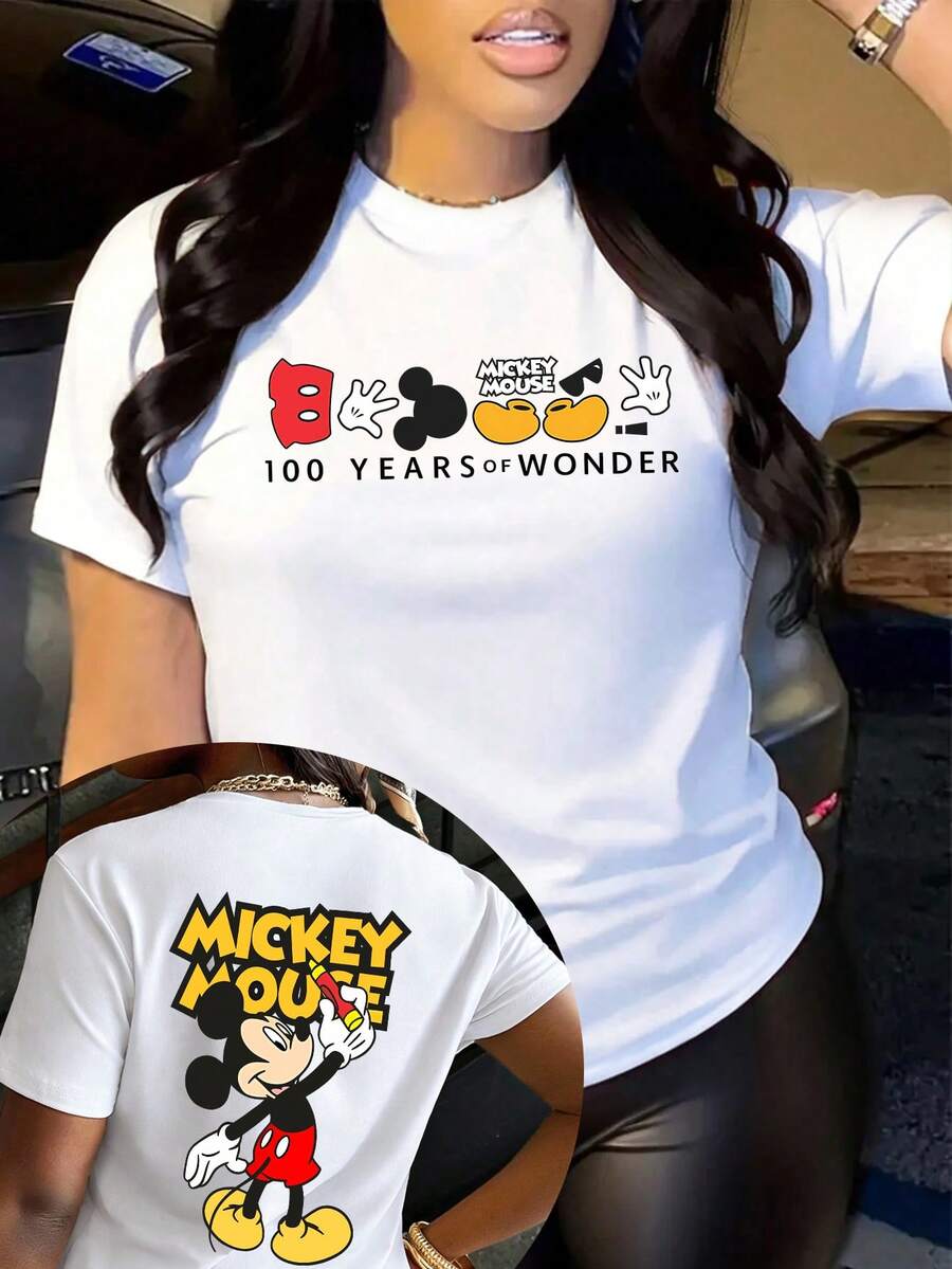 Disney Women's Casual Mickey Mouse 100 Years Of Wonder Print Short Sleeve Round Neck T-Shirt In Cotton, Regular Fit - 白色 - 查看 1