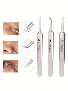 Bộ 3 dụng cụ lấy mụn đầu đen bằng thép không gỉ, nhíp kim lấy mụn đầu đen, dụng cụ làm sạch da mặt, dụng cụ làm sạch mũi, nhíp lấy mụn đầu đen bằng thép không gỉ, nhíp chính xác - đầu siêu mảnh, nhíp lấy mụn đầu đen bằng thép không gỉ độ cứng cao, dụng cụ điều trị mụn trứng cá, dụng cụ lấy mụn đầu đen, nhíp tỉa lông mày, nhíp tỉa tóc và râu chắc khỏe. - Nhiều màu - Xem 5
