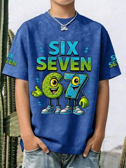 青少年男童休闲印花圆领短袖T恤系列，趣味十足的“67”数字和“SIX SEVEN”字母印花设计，非常适合学生夏季穿着。