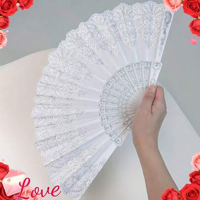 White Lace Ladies' Hand Fan, Silver Floral Hand Fan, Foldable Vintage Decorative Fan, Bridal Photo Prop, Suitable For Weddings, Proms, Themed Parties, And Festivals