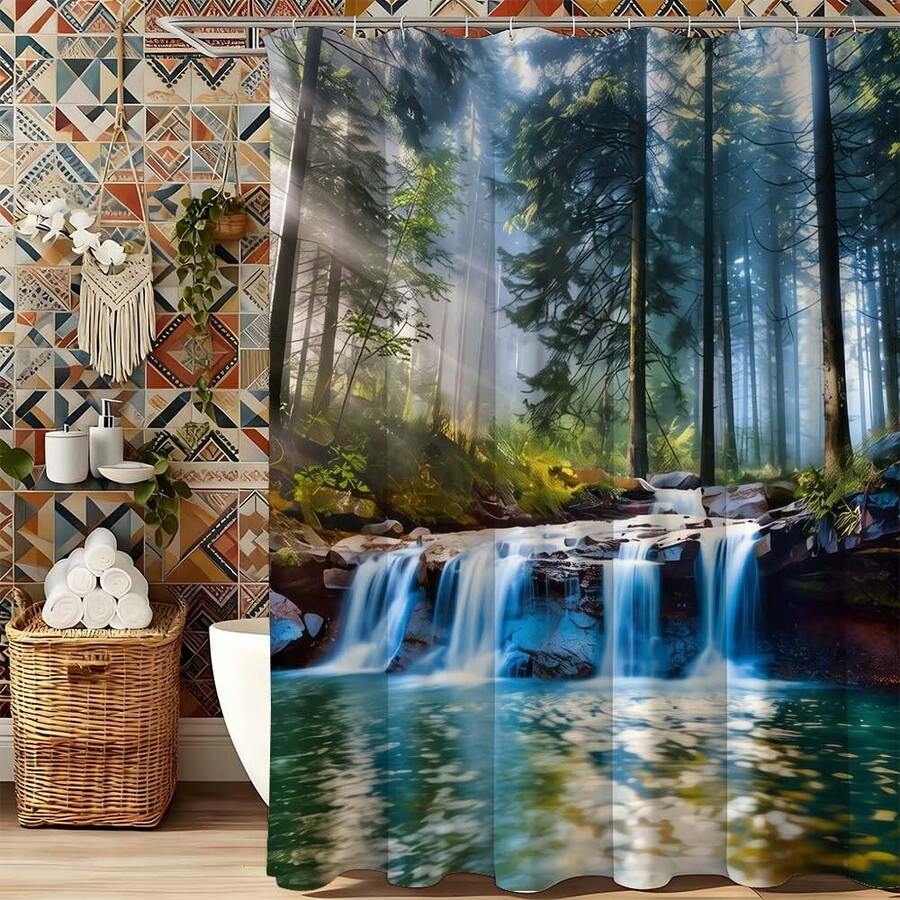 复古木纹立体拼接浴帘，防水防霉，加厚涤纶材质，现代简约浴室装饰配件，带挂钩，加厚隐私帘，适用于淋浴房和浴缸，易于安装、清洁、快干，时尚木纹图案，不褪色，防水，必备淋浴配件 - 彩色 - 查看 1