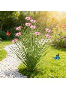 6件套人造户外花卉和块茎草 - 非洲雏菊和块茎草地栽植物的塑料复制品，适用于花园、露台、酒店装饰 - 全年易于维护（无需浇水，不含花盆） - 彩色 - 查看 3