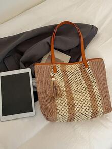 Bolso de playa de paja de verano, bolso de gran capacidad, cesta de la compra, bolso de mano, estilo de vacaciones, versátil y sencillo, bolso de mujer con múltiples bolsillos, adecuado para vestidos, compras, viajes, almacenamiento, bolso de mimbre - Caqui - Ver 6