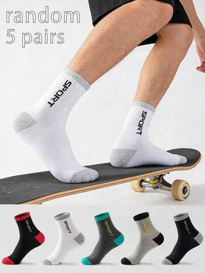 5 Pairs Random Men & Women Sports, Cycling, Outdoor Thin Crew Socks, Black, White, Solid Color, Letter Print, Summer