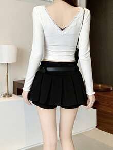 高腰百褶迷你裙，显瘦防走光A字裙，女士秋冬春季款 - 黑色 - 查看 8