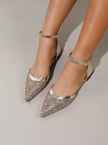 New Spring/Summer Fashion Women's Pointed Toe Gold Sequin Minimalist Casual Flat Shoes, Hollow Out Sandals - Gold - View 2