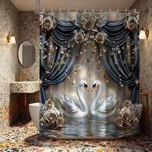 Cortina de ducha con rosas y cisne azul y dorado, decoración romántica para el baño, juego de baño de lujo con cortina de ducha, cortina de baño impermeable, decoración elegante para el baño, juego de baño que incluye cortina de ducha, cortina de baño azul y dorada, cortina de partición de baño sofisticada, decoración de baño con tema de boda, cortina de baño de tela gruesa, juego de baño opulento para el hogar - Azul y blanco - Ver 8