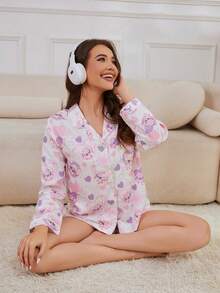 Disney 2-Piece Set Printed Casual Versatile Long Sleeve Button-Front Top And Elastic Waist Shorts Pajama Set For Women, Suitable For All Seasons Home Wear - White - View 5
