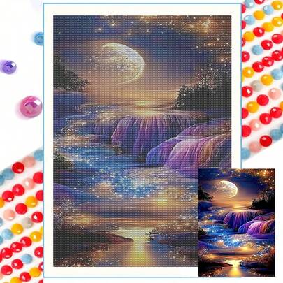 1件套钻石画套装，梦幻月光下的星空瀑布，全圆形亚克力钻石，马赛克数字工艺艺术品，适合成人初学者，无框钻石画套装，节日礼物，家居墙面装饰