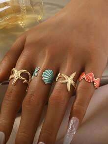 海星贝壳吊坠开口戒指套装，海洋风夏季沙滩配饰，女士 - 海星貝殼戒指 - 查看 7