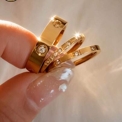 2026 New 14K Gold 3-Diamond & 8-Diamond Pave Square Ring, Fashionable & Creative, Waterproof Stainless Steel Won't Fade, Suitable For Daily Wear, Parties, Mother's Day Gift