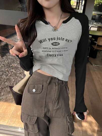 Áo thun dài tay nữ kiểu dáng thường ngày, in khẩu hiệu, phối màu, thích hợp cho mùa xuân/hè.