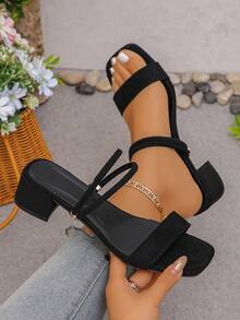 2026夏季新款方头粗跟凉鞋，系带通勤高跟鞋，软底女鞋 - 黑色 - 查看 2