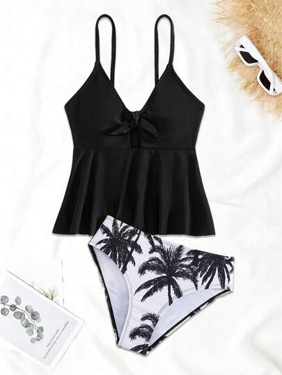 Bộ bikini dệt kim màu trơn in hình cây dừa dành cho bé gái tuổi teen, áo và quần bikini hai dây khoét rỗng, thích hợp cho bơi lội mùa hè và kỳ nghỉ biển.
