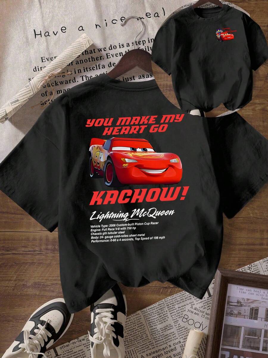 Disney Cars KACHOW! Lightning McQueen T-Shirt: Black Oversized Cotton Tee With Racing Energetic Style Graphic, Perfect For Cars Fans, Casual Wear And Gift - 黑色 - 查看 1