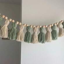 1pc Handmade Christmas Tassel Wreath - Ombre Green, Accented With Navy, Gray, Light Green, Light Brown And White. Colorful Tassel Garland Decor, Can Be Hung On Wall For Home Decor, Boho Tassel Wreath, Classroom Holiday Decoration, Adds Festive Vibe To Your Home - Multicolor - View 3