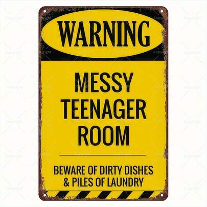 1pc 2D Vintage Iron Wall Decor - "Warning: Messy Teenager's Room" Yellow & Black Design Iron Plaque - No Electricity Needed Home Decor, Suitable For Bedroom, Laundry Room - Funny Gift For Teenagers, Parents, Friends, Bold Text Sign For Halloween, Christmas, New Year, Fits 11 Holiday Occasions
