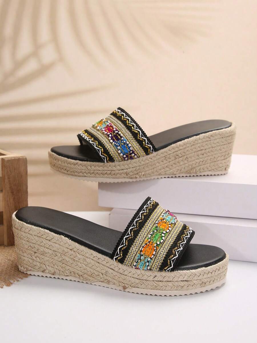 Bohemian Embroidered Straw Slide Sandals, Women's One-Strap Thick Platform Outdoor Slippers, Comfortable Summer Style