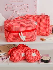 1Pc/Set Red Plaid Gilrs Make Up Bag Travel Toiletry Bag, Large Capacity Cosmetic Bag Pouch Handheld Makeup Bag Portable Toiletry Washing Bag Skincare Bag With Zipper Closure For Cosmetics,Brushes,Skincare,Lip Oil,Hand Cream,Sationery,Coin,Small Items,Make Up Case Makeup Pouch Cosmetic Organizer,Home Decor Livingroom Decor,Travel Essentials,Birthday Gift Wedding Bridesmaid Gift - Redberry Grid - View 5