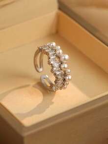 1枚奢华仿珍珠独特优雅合成立方氧化锆精致派对戒指，女士款 - 銀色 - 查看 4