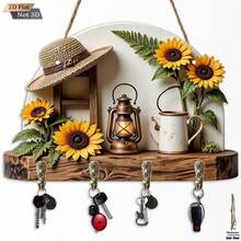 1pc Sunflower Countryside Style Wooden Key Holder Hook, Includes 4 Metal Hooks For Self-Installation, Wall Decor, Porch Decor, Room Decor, Villa Decor, Seasonal Home Decor - Nhiều màu - Xem 1