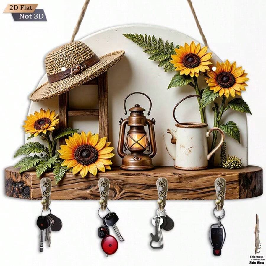 1pc Sunflower Countryside Style Wooden Key Holder Hook, Includes 4 Metal Hooks For Self-Installation, Wall Decor, Porch Decor, Room Decor, Villa Decor, Seasonal Home Decor - Nhiều màu - Xem 1