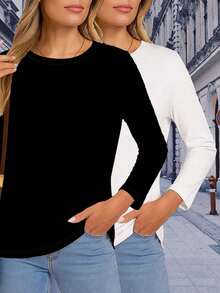 Bộ 2 áo thun dài tay nữ, áo lót cổ tròn bằng cotton, thích hợp cho mùa thu/đông, áo giữ ấm mùa đông, kiểu dáng thường ngày. - Đen + Trắng - Xem 11
