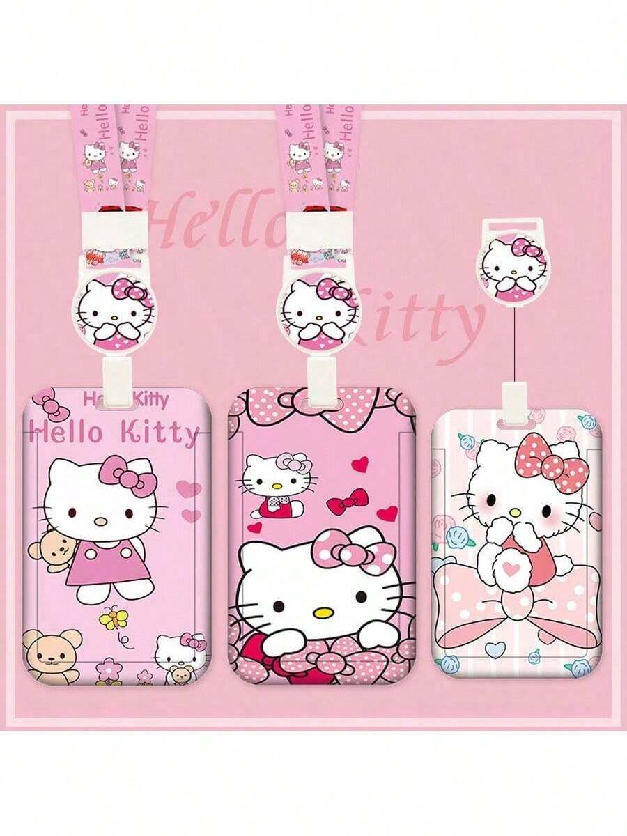 2 Peças Conjunto [Manga + Cordão], Porta-crachá com Cordão Hello Kitty Sanrio - Material ABS Durável, Bolsa Anti-Perda com Capa Protetora - Design de Desenho Animado Fofo Adequado para Homens e Mulheres, Esticar e Puxar Cartão de Identificação, Trabalho, Transporte, Cartão de Refeição, Porta-Carteira de Estudante - Multicolorido - Visão 1