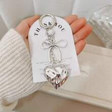 1pc Women's INS Style Silver Heart & Bow Keychain, Lace Heart Pearl Beaded Keychain, Minimalist Versatile Balloon Dog Keychain - Silver - View 5