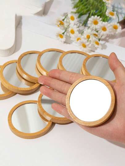 1 قطعة/5 قطع/20 قطعة مرآة مدمجة دائرية، مرآة صغيرة جميلة للحقيبة والسفر، مرآة مكياج محمولة صغيرة من الخشب/البامبو، مرآة جيب يدوية عتيقة
