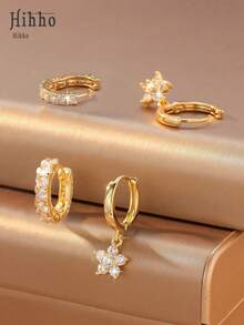 Hihho 2 Pairs Luxury Fashion Versatile Zirconia Flower Earrings Set, Elegant Sophisticated Jewelry Earrings Suitable For Daily, Work, Commute, Holidays, Travel - Earrings Set - View 5