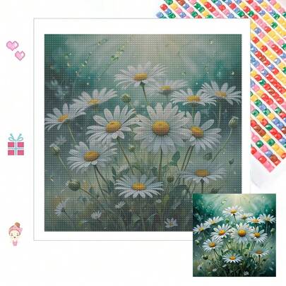 1pc Full Diamond Daisy Floral Landscape Diamond Painting Kit With Full Tools, Bedroom & Living Room Wall Decor, Suitable For Adult Beginners, Home Wall Art Gift, Unframed Diamond Painting Set, Crystal Rhinestone Picture, Holiday Gift, Bedroom Decor