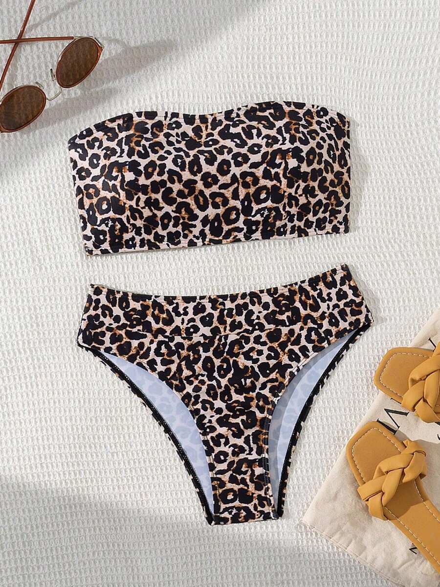 Women's Vacation Printed Strapless High Waisted Pants Bikini Two Pieces Set - Multicolor - View 1