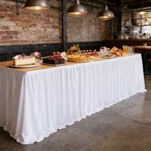 1 pièce Jupe de table en polyester blanc, convient pour les tables rectangulaires de 72 pouces/183 cm, résistante aux plis et facile à nettoyer, nappe à volants, convient pour les tables de gâteau d'anniversaire, les banquets, les mariages, les douches de mariée et diverses célébrations de fête - Blanc - Voir 2