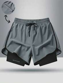 男士抽绳腰休闲运动短裤，时尚二合一设计，适合春夏季徒步旅行、骑自行车、篮球、跑步和室内冬季运动 - 灰色 - 查看 6