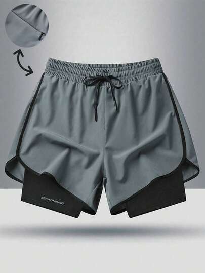 男士抽绳腰休闲运动短裤，时尚二合一设计，适合春夏季徒步旅行、骑自行车、篮球、跑步和室内冬季运动