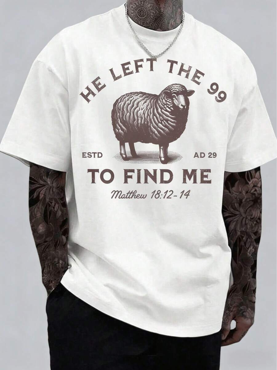 Vector Apparel Men's Vintage Christian Faith T-Shirt, Sheep Graphic "He Left The 99" Matthew 18:12-14 Print Casual Short Sleeve Streetwear Top T-Shirts Jesus Left, The Lord Is My Shepherd T-Shirt, Christian T-Shirt, He Left 99 To Save Me T-Shirt, Men T-Shirt Unisex Casual Graphic Tee - trắng - Xem 1