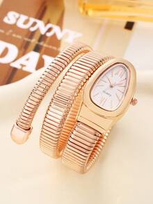 Snake-Shaped Rhinestone Diamond Style Business Casual Quartz Watch, Elegant Women's Watch - Gold - View 8