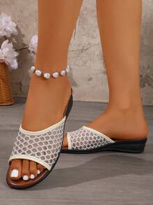 Fashionable Minimalist Breathable Hollow-Out Slip-On Wedge Sandals, Versatile For Summer Beach Vacation Wear With Dresses - White - View 5