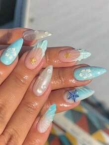 24Pcs/Set Almond-Shaped French Elegant 3D Ocean Style Starfish Waterdrop Flower Decor Full Coverage Press-On Nails With 1Pc Jelly Gel And 1Pc Nail File, Perfect For Romantic Daily Date Looks Nail Supplies Nails - 多色 4 - 查看 1