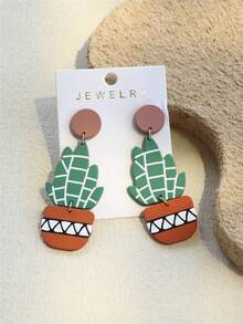 1对女士仙人掌盆栽印花陶瓷质感INS风设计可爱优雅长耳环 - 彩色 - 查看 7