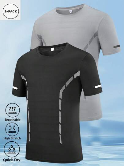 2件/套 男士夏季跑步T恤，透气吸湿弹力运动T恤，适合健身锻炼