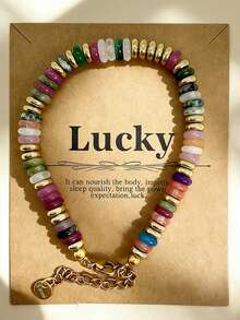 Bohemian Style Colorful Natural Stone Bead Bracelet, Made Of Stainless Steel, With Gold-Plated Interlocking Beads. A Fashionable Beach Vacation Accessory For Women, A Creative Handmade Gift. Pendant Bracelet As A Gift For Girlfriends, Sisters, Friends, Grandpa, Grandma, Mom, Dad. Holiday Gift. The Color Sequence Is Randomly Arranged. - Lucky - View 1